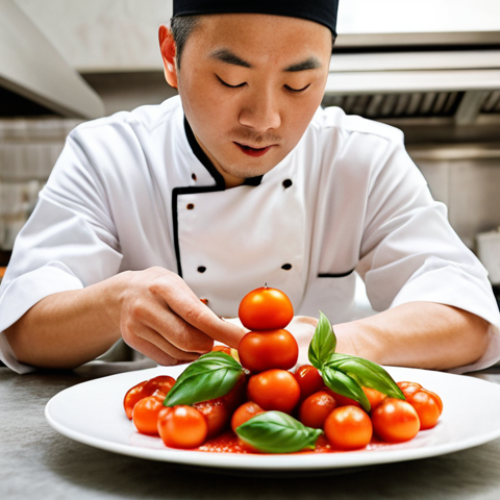 Home 14 **Prompt:** A Chinese chef in a modern Italian kitchen, artfully plating a dish with fresh, vibrant local ingredients like San Marzano tomatoes and basil. Focus on the visual harmony of the dish, blending Chinese culinary traditions with Italian presentation aesthetics. Soft, natural lighting.