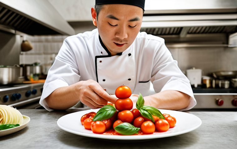 **Prompt:** A Chinese chef in a modern Italian kitchen, artfully plating a dish with fresh, vibrant local ingredients like San Marzano tomatoes and basil. Focus on the visual harmony of the dish, blending Chinese culinary traditions with Italian presentation aesthetics. Soft, natural lighting.