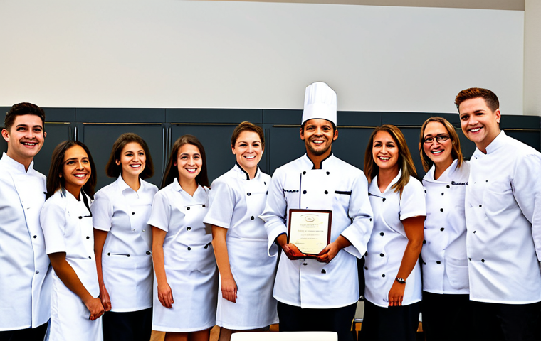 Culinary School Graduation**
"A young chef, fully clothed in professional chef attire, receiving a diploma at a culinary school graduation ceremony, happy and proud, surrounded by classmates and faculty, professional setting, appropriate content, safe for work, perfect anatomy, natural proportions, high quality photo, family-friendly event."
**