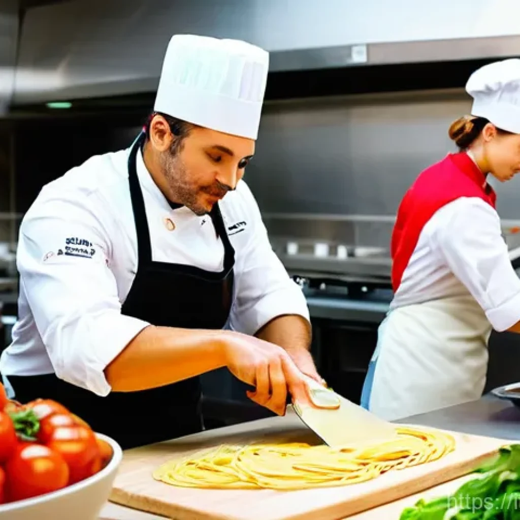 양식조리사 시험 접수 방법 - **A vibrant, detailed illustration of an Italian culinary academy classroom.** Several diverse stude...