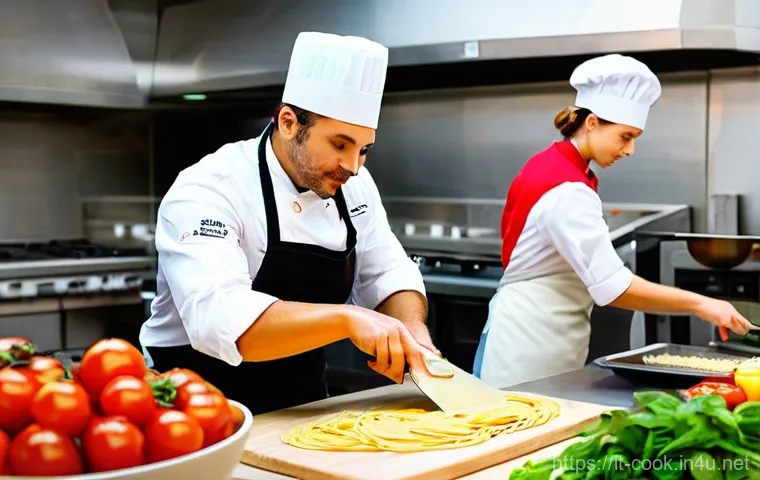 양식조리사 시험 접수 방법 - **A vibrant, detailed illustration of an Italian culinary academy classroom.** Several diverse stude...