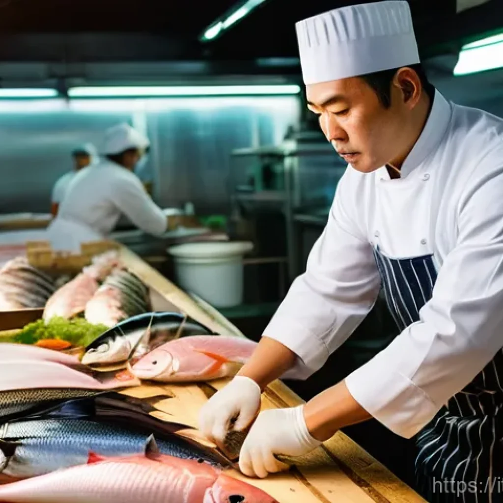 일식조리사 일상 업무 사례 - **Prompt:** A highly skilled, professional Japanese sushi chef, male, in his late 40s, wearing a pri...