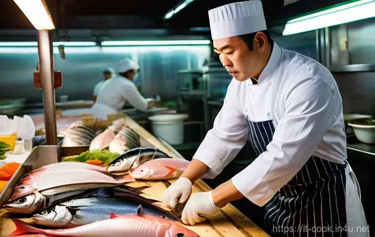 일식조리사 일상 업무 사례 - **Prompt:** A highly skilled, professional Japanese sushi chef, male, in his late 40s, wearing a pri...