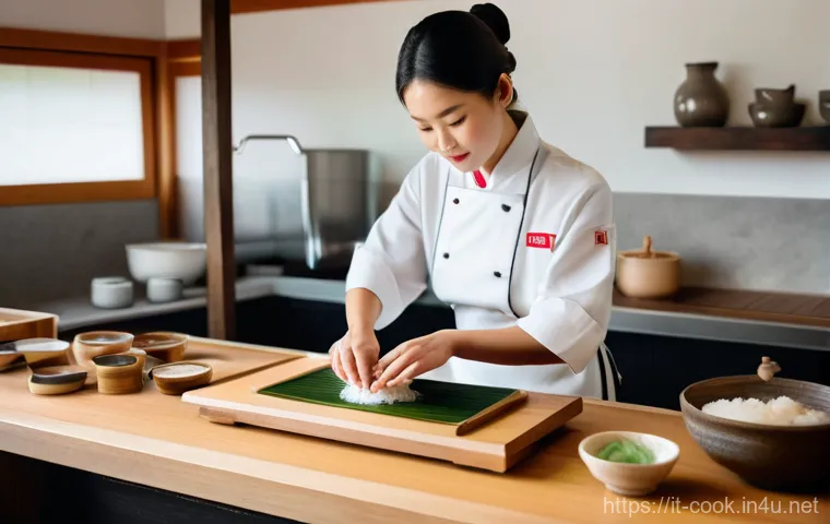 일식조리사 일상 업무 사례 - **Prompt:** A highly skilled, professional Japanese sushi chef, male, in his late 40s, wearing a pri...