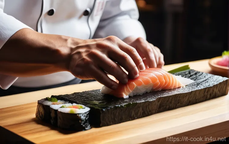 일식조리사 일상 업무 사례 - **Prompt:** A serene and focused Japanese sushi chef, female, in her early 30s, dressed in a spotles...