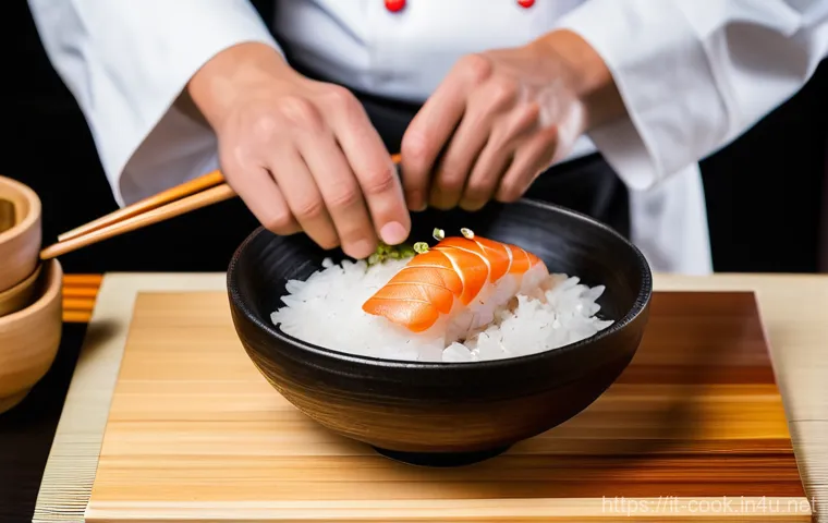 일식조리사 시험에 자주 나오는 요리 - A skilled Japanese sushi chef, wearing a clean white chef's jacket and a traditional Japanese headba...