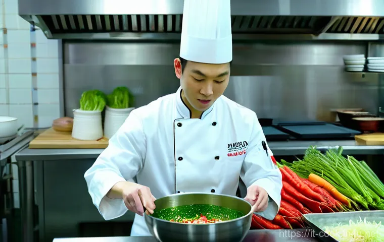 한식조리사의 역할과 책임 - **Prompt:** A skilled Korean chef (*hansik jorisa*), wearing a clean, traditional white chef's jacke...