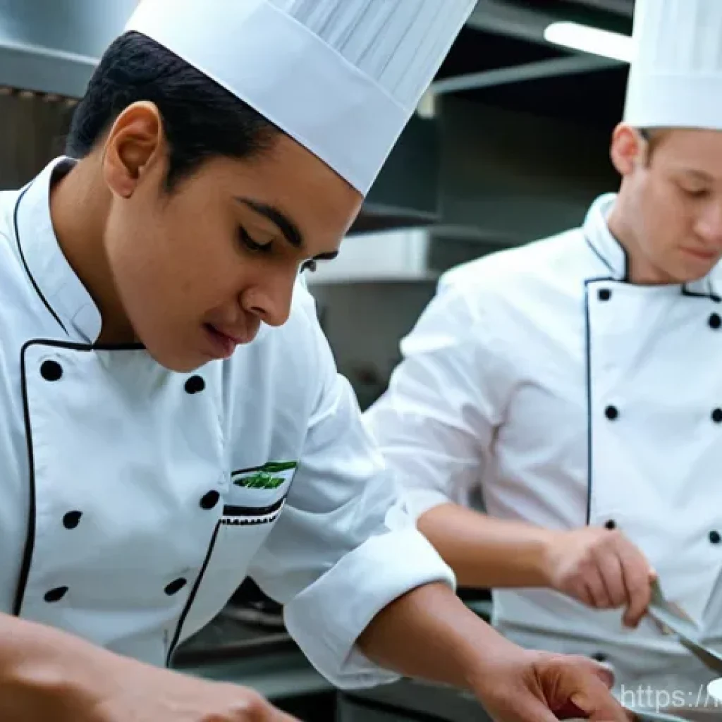 조리사 자격증 준비하는 직장인 팁 - **Prompt:** A focused adult student, wearing a clean white chef's jacket and a black apron, meticulo...