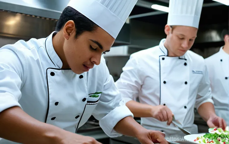 조리사 자격증 준비하는 직장인 팁 - **Prompt:** A focused adult student, wearing a clean white chef's jacket and a black apron, meticulo...