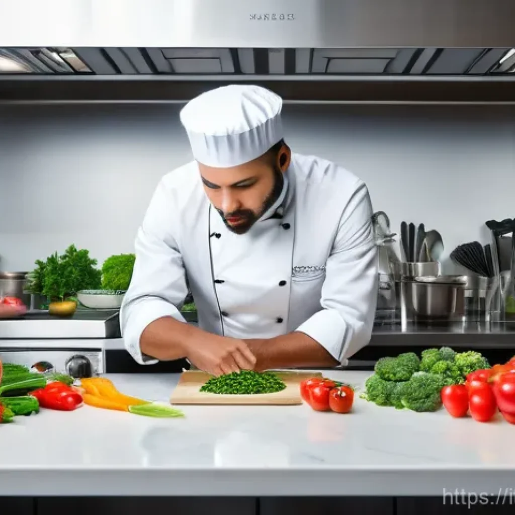 조리사 시험 실기에서 가장 많이 하는 실수 - A professional chef in a bright, modern kitchen, meticulously performing "mise en place." The workst...