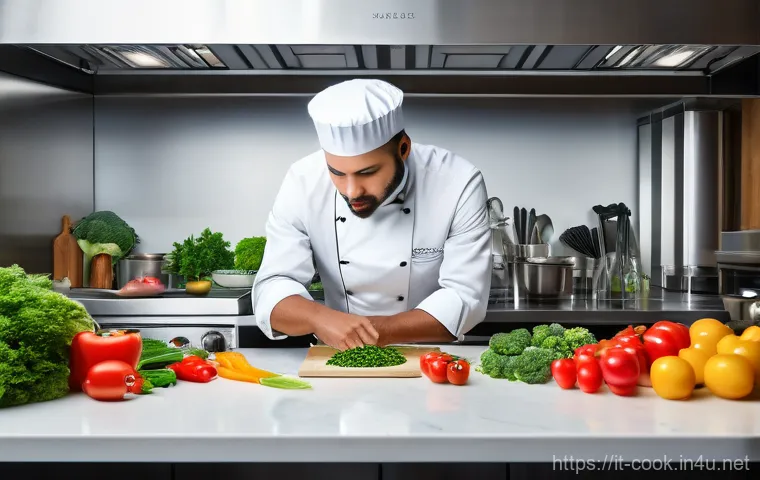조리사 시험 실기에서 가장 많이 하는 실수 - A professional chef in a bright, modern kitchen, meticulously performing "mise en place." The workst...