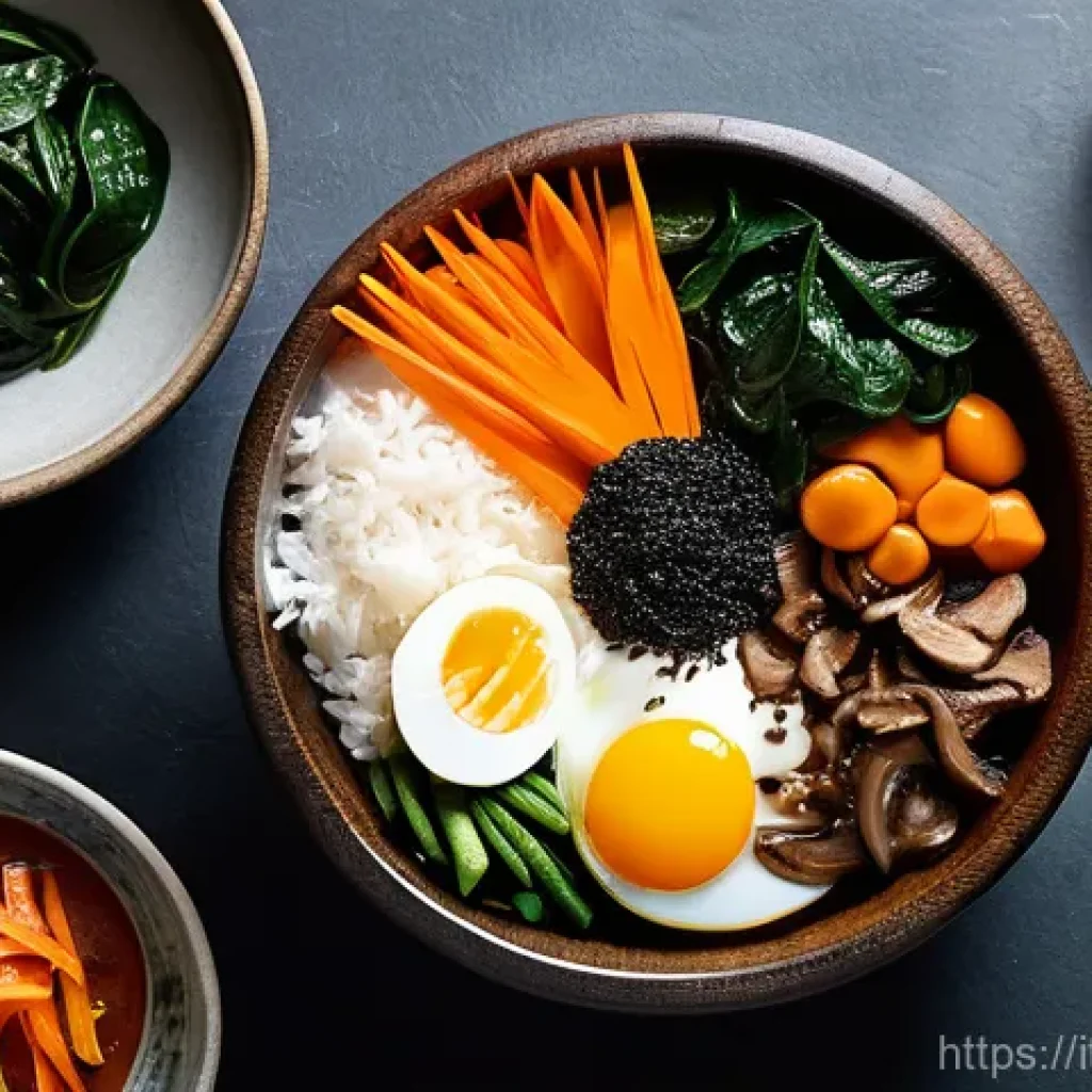 한식조리의 기본 원칙과 철학 - **Prompt:** A vibrant and artfully arranged Korean Bibimbap bowl, seen from a slightly elevated angl...
