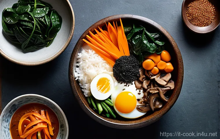 한식조리의 기본 원칙과 철학 - **Prompt:** A vibrant and artfully arranged Korean Bibimbap bowl, seen from a slightly elevated angl...
