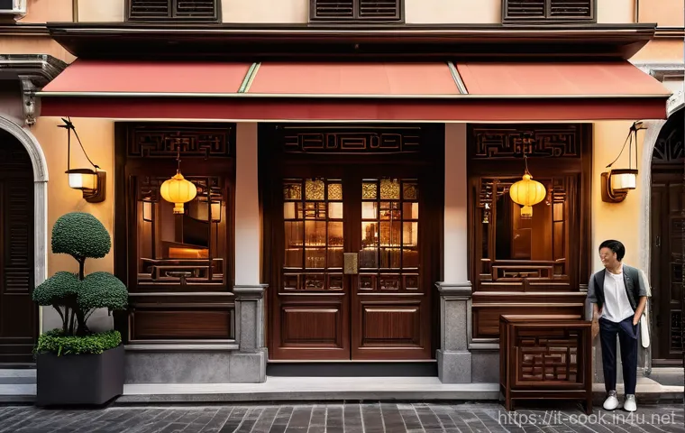중식조리 자격증 취득 후 창업하기 - A beautifully designed, modern Chinese-Italian fusion restaurant exterior on a charming, historic st...