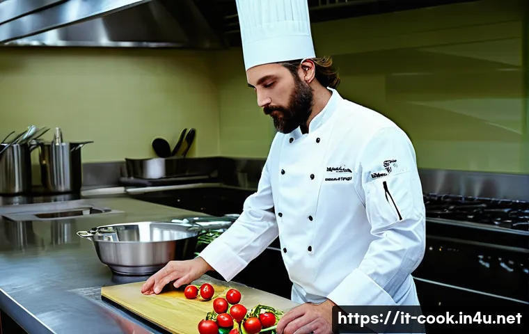 양식조리 실기 시험 채점 기준 - **Prompt:** A highly organized and immaculately clean professional kitchen workstation during a culi...