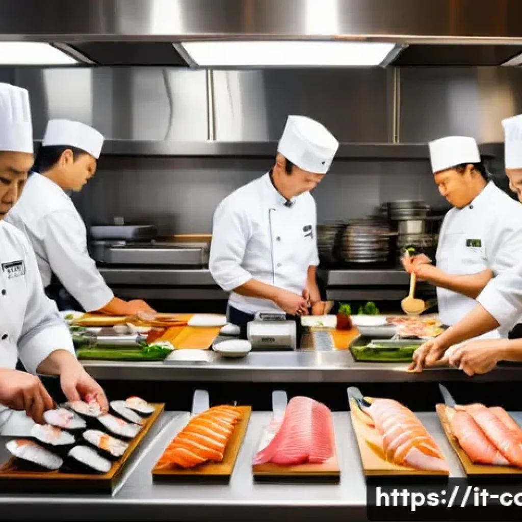 일식조리사 취업의 장단점 - A bustling Japanese restaurant kitchen scene during a busy evening service, featuring a diverse team...
