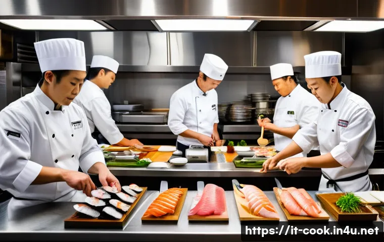 일식조리사 취업의 장단점 - A bustling Japanese restaurant kitchen scene during a busy evening service, featuring a diverse team...