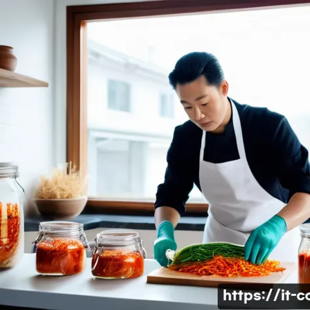 한식조리 자격증 실무 핵심 스킬 - A professional Italian chef in a modern kitchen meticulously preparing traditional Korean kimchi, we...