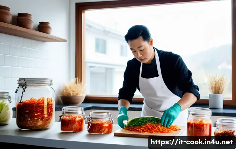한식조리 자격증 실무 핵심 스킬 - A professional Italian chef in a modern kitchen meticulously preparing traditional Korean kimchi, we...