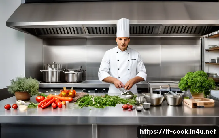 양식조리사 경력 개발 방법 - A professional Italian chef in a modern kitchen, meticulously organizing cooking utensils and fresh ...