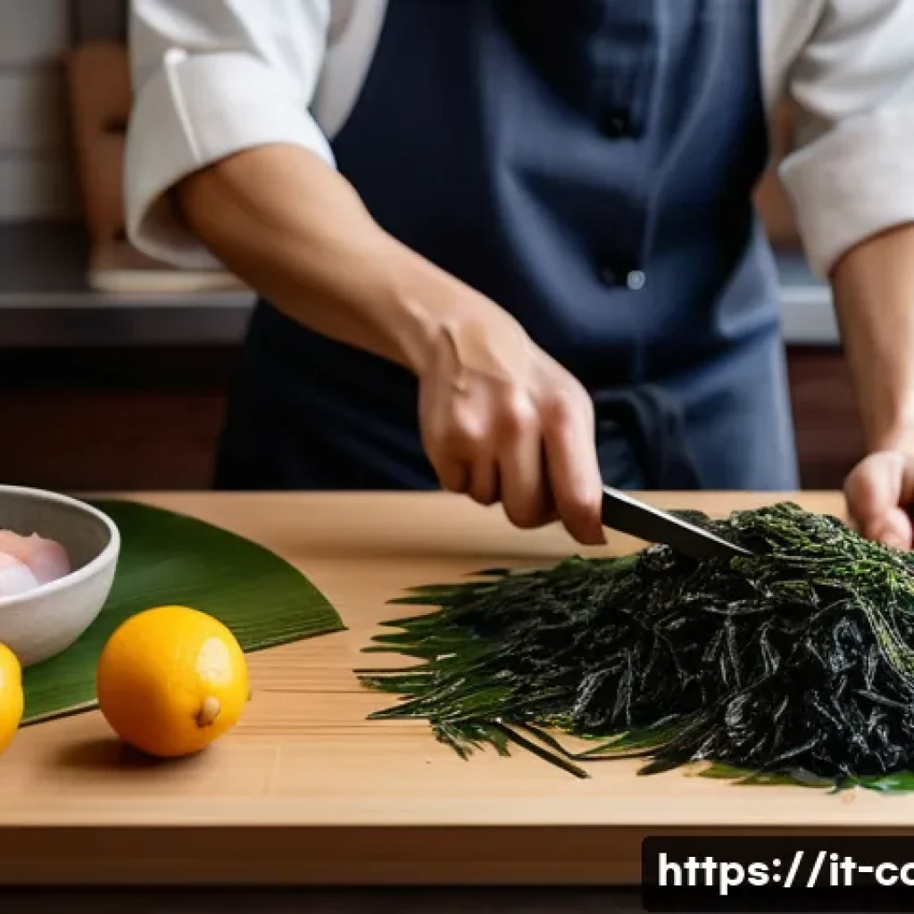 일식조리사 전문성 높이는 법 - A detailed and artistic close-up of a traditional Japanese kitchen workspace featuring fresh key ing...