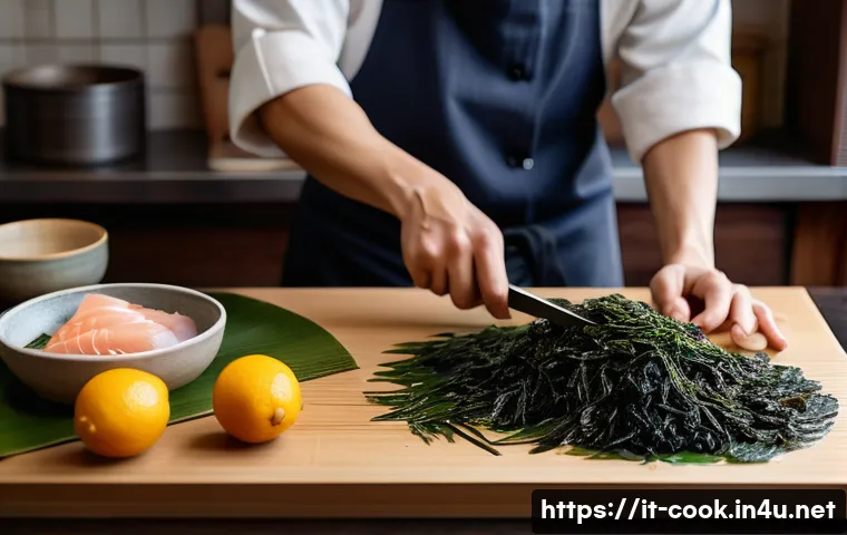 일식조리사 전문성 높이는 법 - A detailed and artistic close-up of a traditional Japanese kitchen workspace featuring fresh key ing...