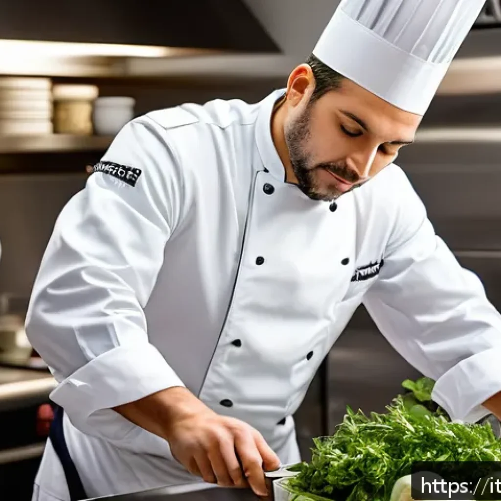 조리사 업무 일기  하루 스케줄 공개 - A professional Italian chef in a modern Michelin-starred restaurant kitchen, preparing mise en place...