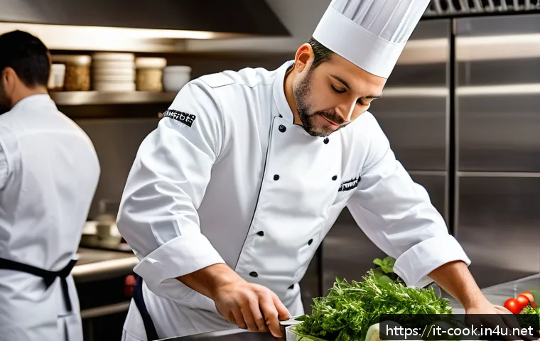 조리사 업무 일기 하루 스케줄 공개 - A professional Italian chef in a modern Michelin-starred restaurant kitchen, preparing mise en place...
