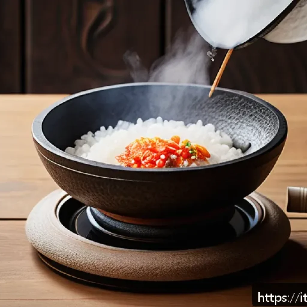 한식조리사 실기 연습 도구 - A traditional Korean kitchen scene featuring a heated dolsot stone pot cooking crispy rice, placed o...