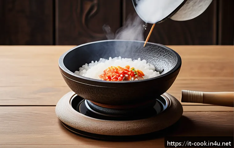한식조리사 실기 연습 도구 - A traditional Korean kitchen scene featuring a heated dolsot stone pot cooking crispy rice, placed o...