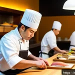 일식조리사 취업 후 첫 해의 경험 - A busy Italian sushi bar interior during evening service, showing a focused sushi chef wearing a cle...