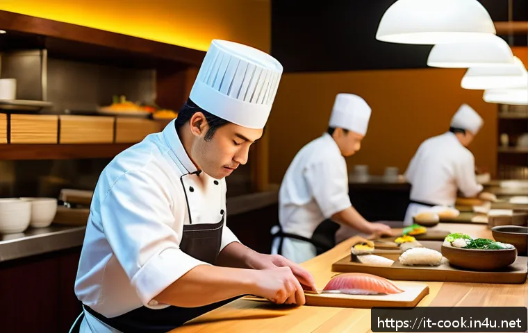 일식조리사 취업 후 첫 해의 경험 - A busy Italian sushi bar interior during evening service, showing a focused sushi chef wearing a cle...