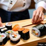 일식조리 실무 레시피 강의 - A bright and inviting Japanese home kitchen scene with a person carefully preparing sushi, featuring...