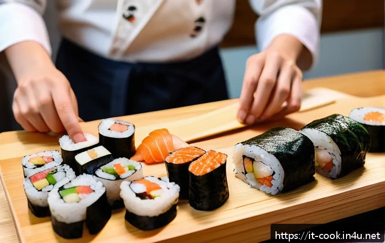 일식조리 실무 레시피 강의 - A bright and inviting Japanese home kitchen scene with a person carefully preparing sushi, featuring...