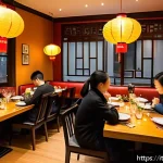 중식조리사 창업 성공 사례 분석 - A cozy Italian urban Chinese restaurant interior during dinner service, featuring a warm and invitin...