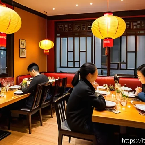 중식조리사 창업 성공 사례 분석 - A cozy Italian urban Chinese restaurant interior during dinner service, featuring a warm and invitin...