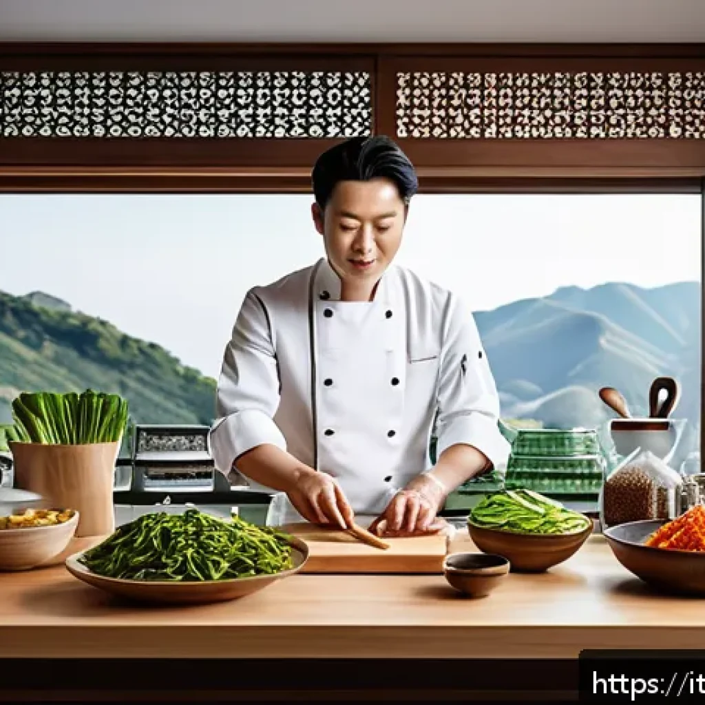 한식조리사 시험장에서 알아야 할 팁 - A vibrant and detailed Korean chef’s kitchen scene set in Italy, showing a professional chef careful...