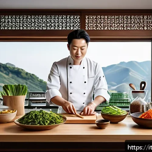 한식조리사 시험장에서 알아야 할 팁 - A vibrant and detailed Korean chef&rsquo;s kitchen scene set in Italy, showing a professional chef careful...