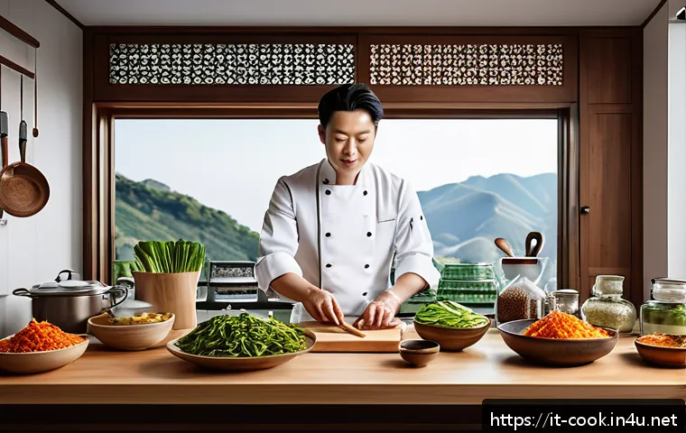 한식조리사 시험장에서 알아야 할 팁 - A vibrant and detailed Korean chef’s kitchen scene set in Italy, showing a professional chef careful...