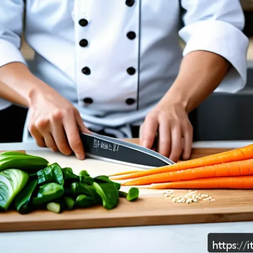 중식조리사 실기 시험 주요 포인트 - A professional Chinese chef in a modern kitchen meticulously slicing fresh vegetables such as carrot...