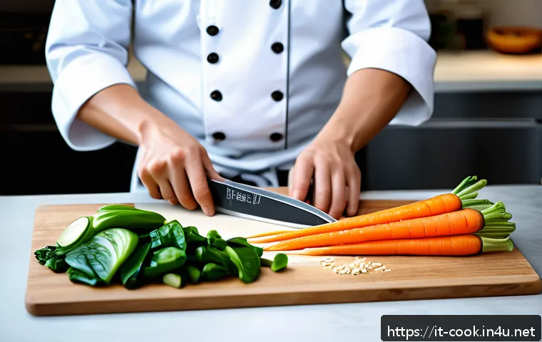 중식조리사 실기 시험 주요 포인트 - A professional Chinese chef in a modern kitchen meticulously slicing fresh vegetables such as carrot...