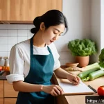 한식조리사 실기 합격 사례 공유 - A realistic depiction of a young Italian woman practicing Korean cooking at home in a cozy, sunlit k...